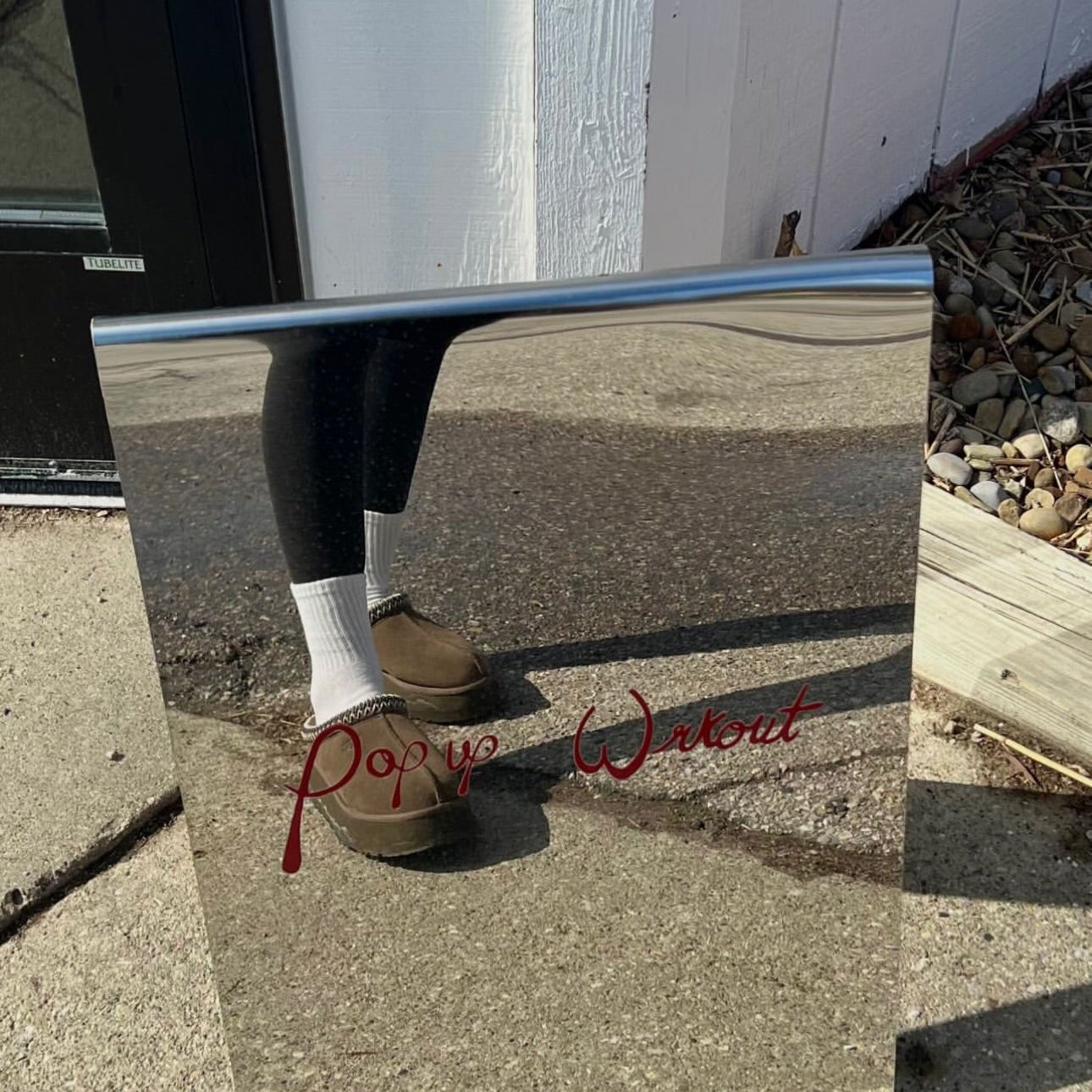 Pop up Wrkout = Mirrored Stainless Steel A-Frame Sidewalk Sign