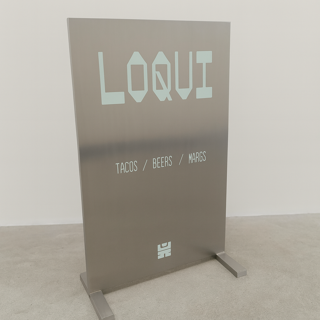 Loqui - Brushed Stainless Steel Upright Sign