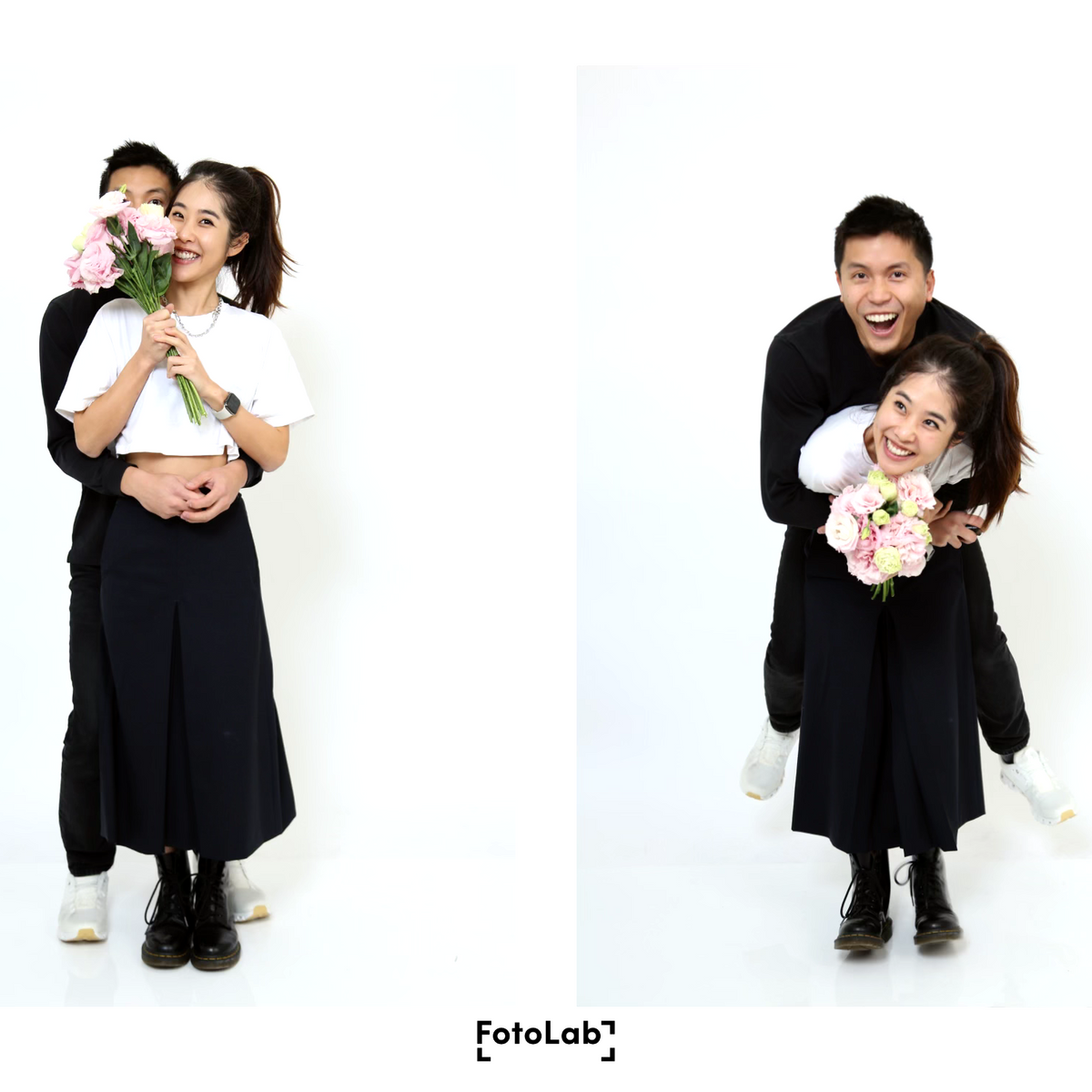 Two FotoLab portraits of Signs and Mirrors founders Jamie and Alan holding flowers.