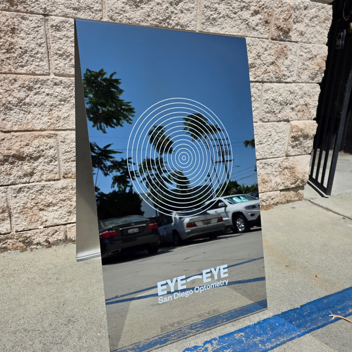 Mirrored Stainless Steel A-Frame Sidewalk Sign - Eye Eye San Diego