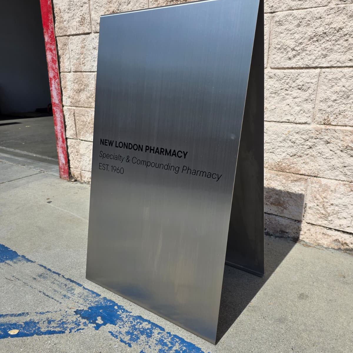 New London Pharmacy - Brushed Stainless Steel A-Frame Sidewalk Sign 1