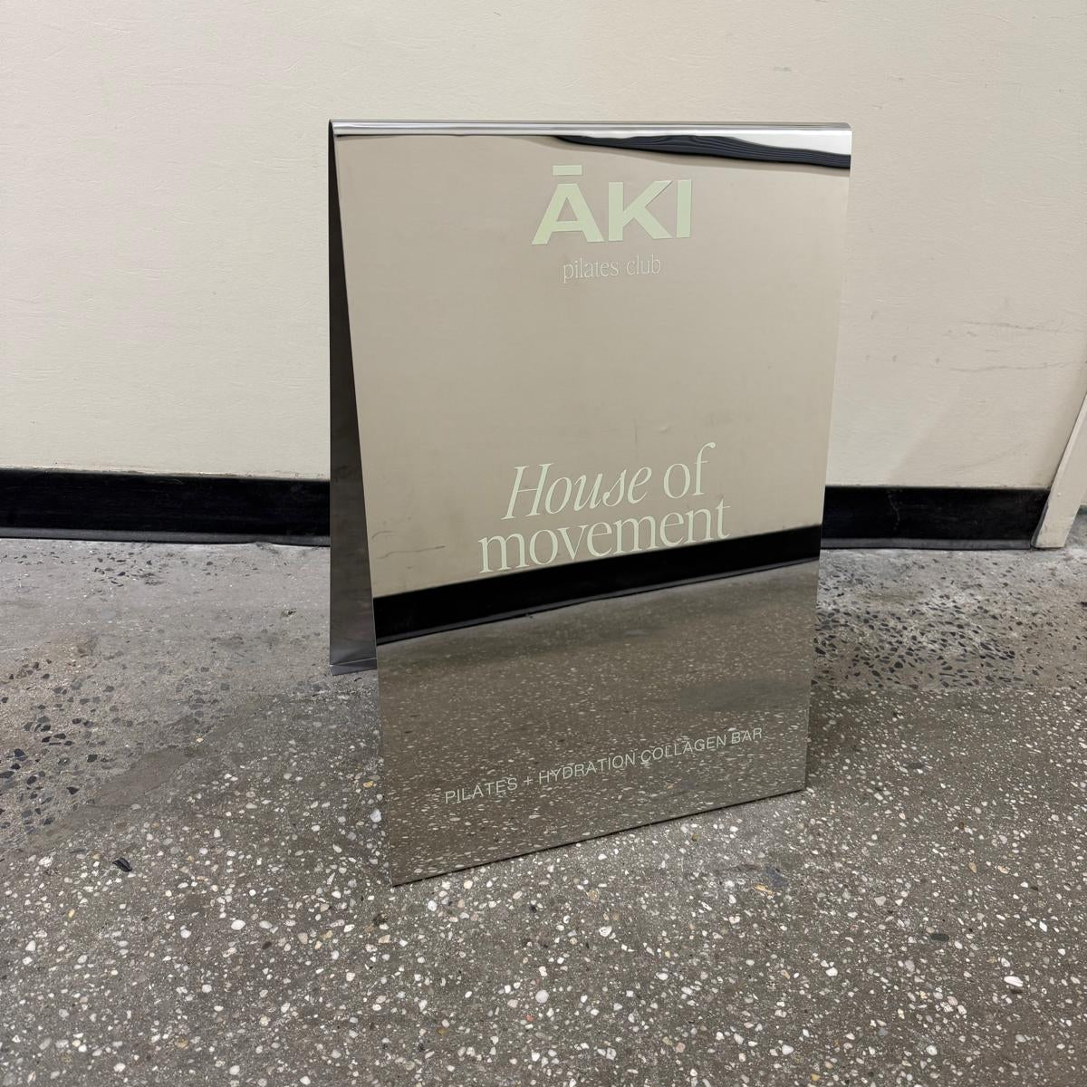AKI Pilates Club - Mirrored Stainless Steel A-Frame Sidewalk Sign