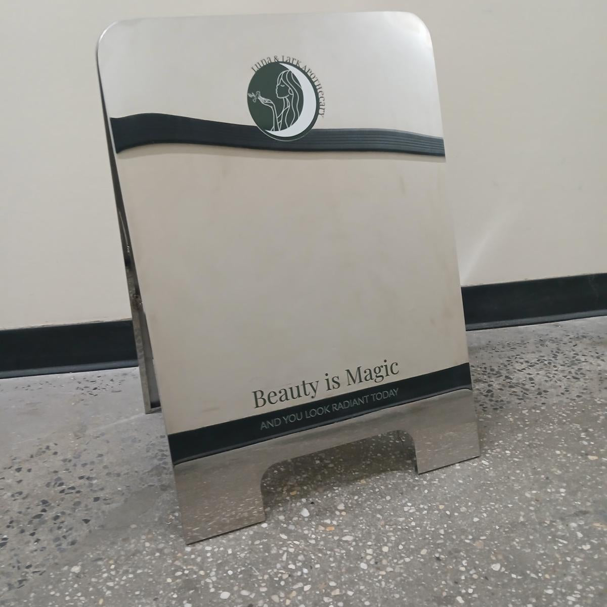 Luna & Lark Apothecary - Mirrored Rounded Stainless Steel A-Frame Sandwich Board Sign