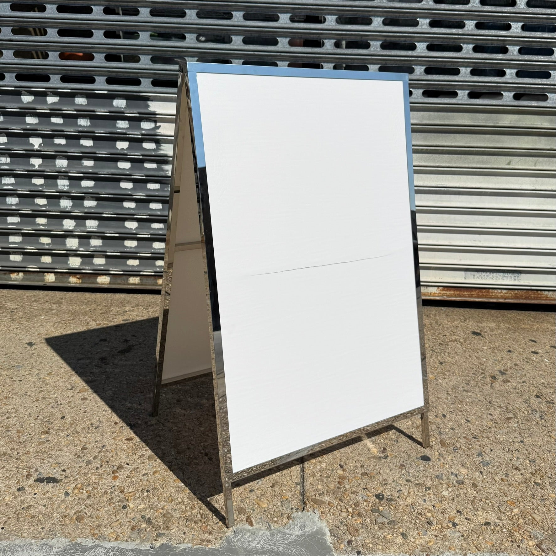 Customizable_Stainless_Steel_Sidewalk_Sign_A_Frame_Side_Angle_View_Mirrored