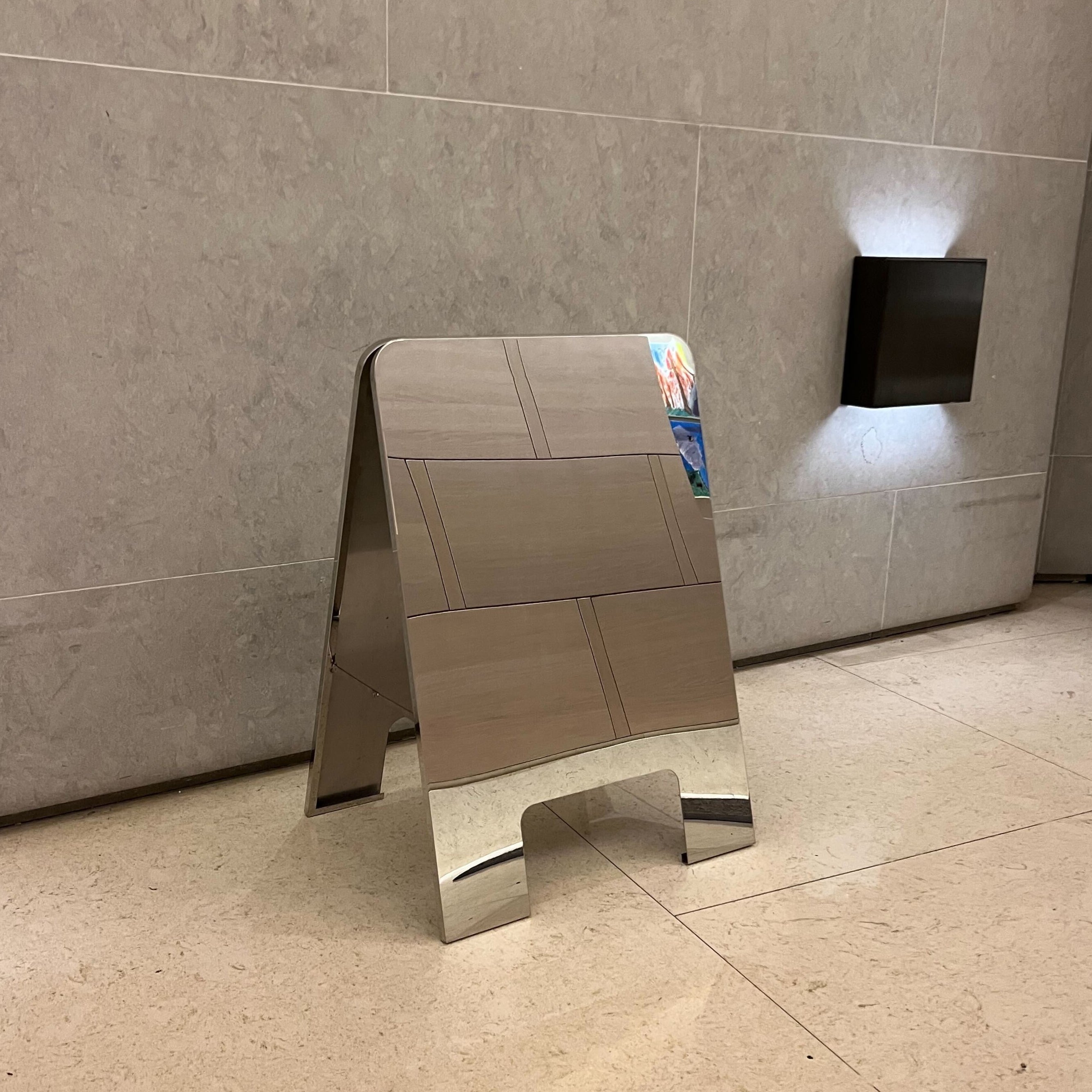 Mirrored Rounded Stainless Steel A-Frame Sandwich Board Sign Left