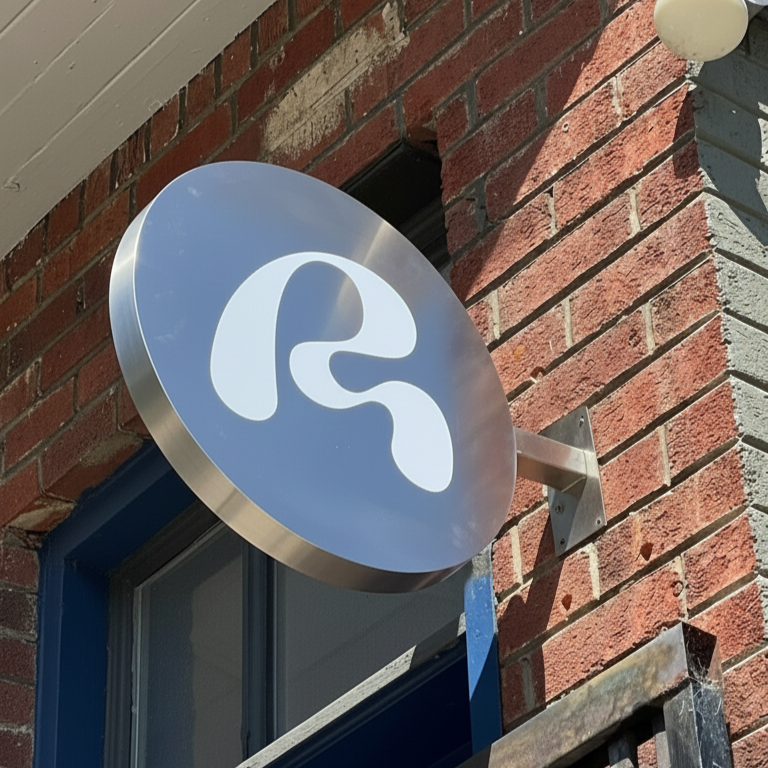 Round dimensional stainless steel wall sign with 3D effect