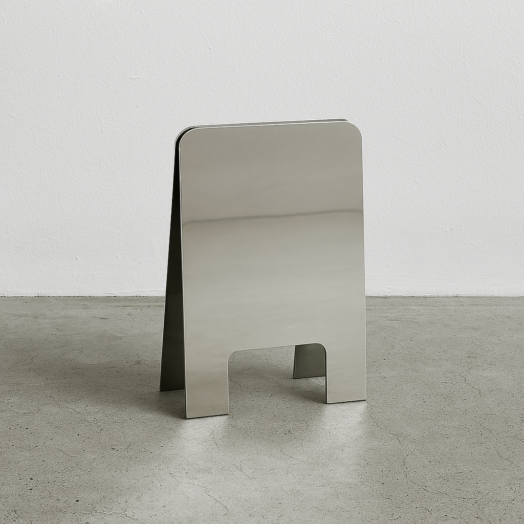 Rounded stainless steel A-frame sandwich board sign with curved edges