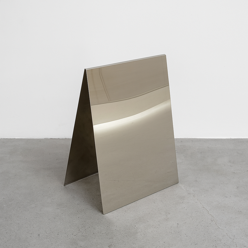 Mirrored stainless steel A-frame sidewalk sign with reflective surface