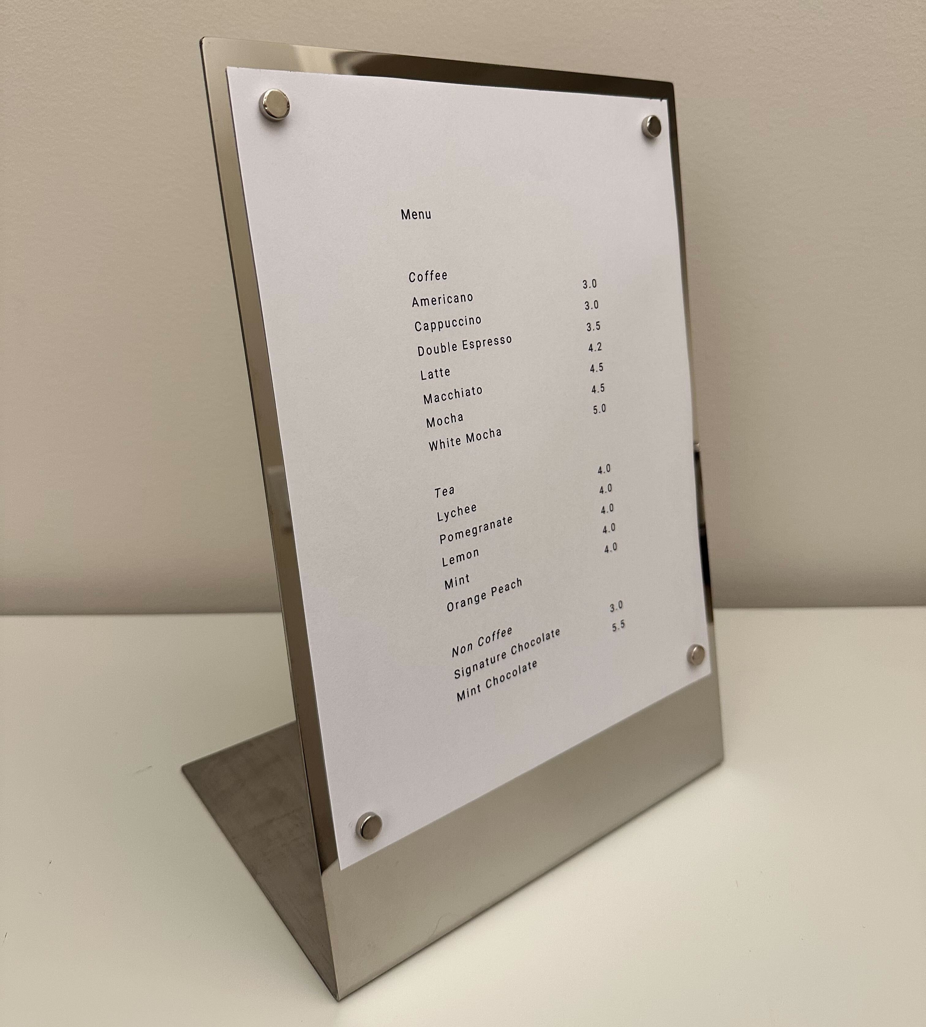 Stainless Steel Table Top Stand with Mirror Finish and Menu Left