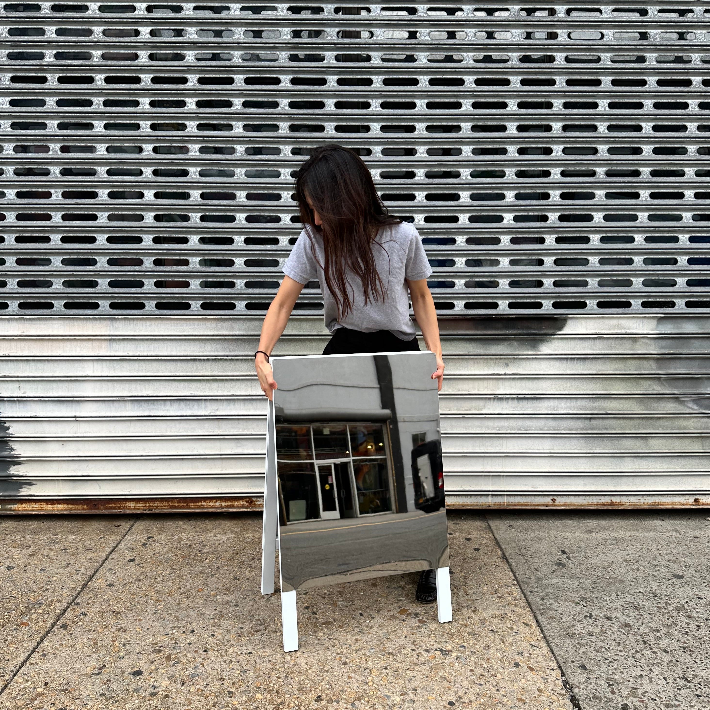 White Stainless Steel A Frame Sandwich Board Girl Holding