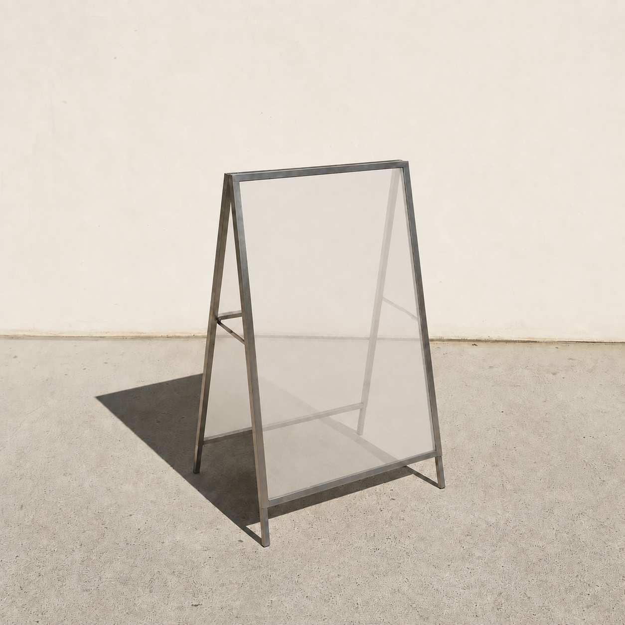 Interchangeable acrylic insert A-frame sign, brushed stainless steel frame, Clear Matte transparent panels