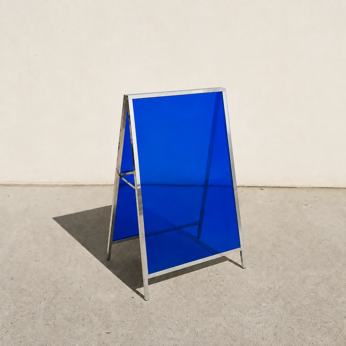 Interchangeable acrylic insert A-frame sign, mirrored frame, Dark Blue transparent panels