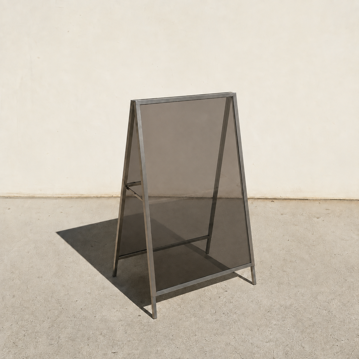 Interchangeable acrylic insert A-frame sign, brushed stainless steel frame, Gray Smoke transparent panels