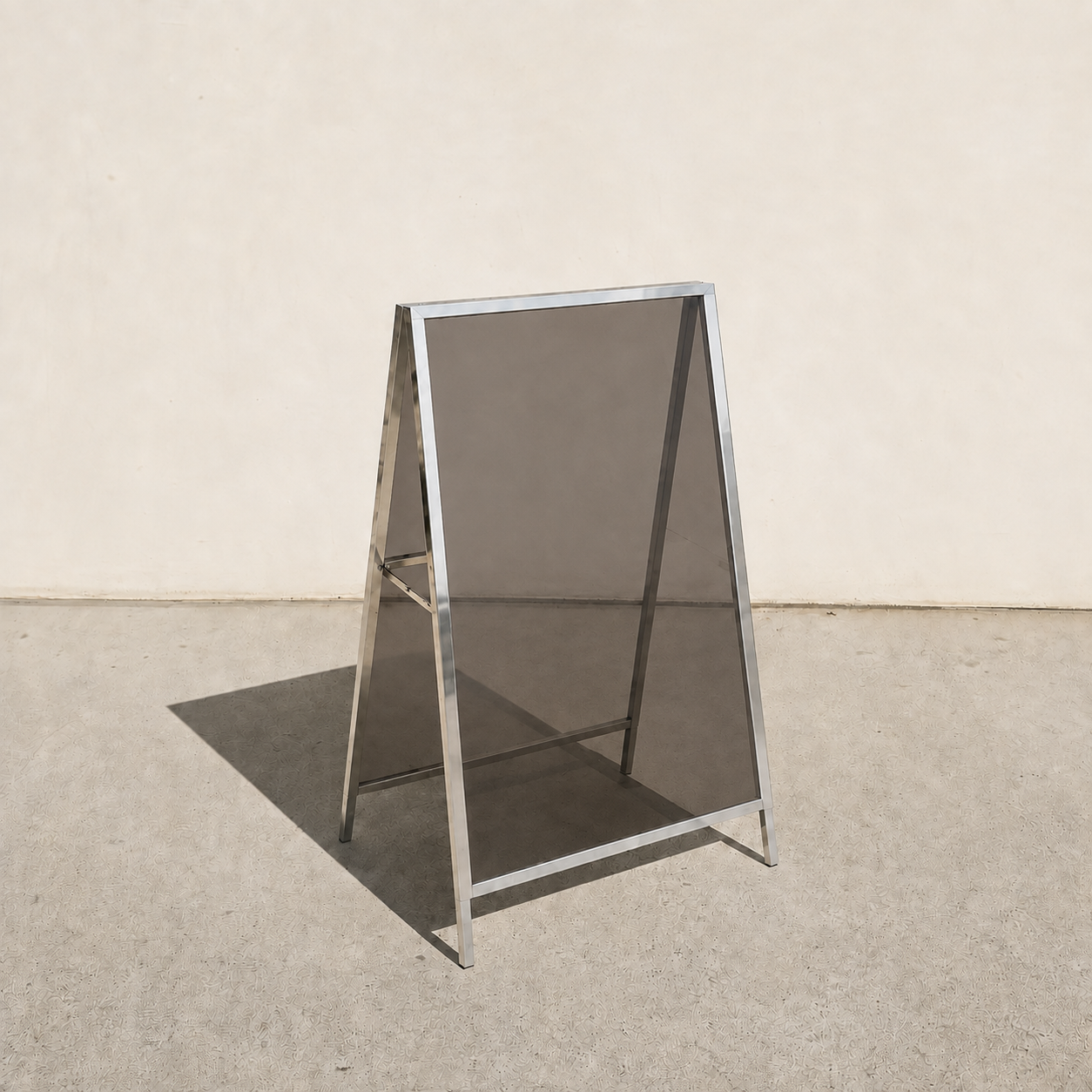 Interchangeable acrylic insert A-frame sign, mirrored frame, Gray Smoke transparent panels