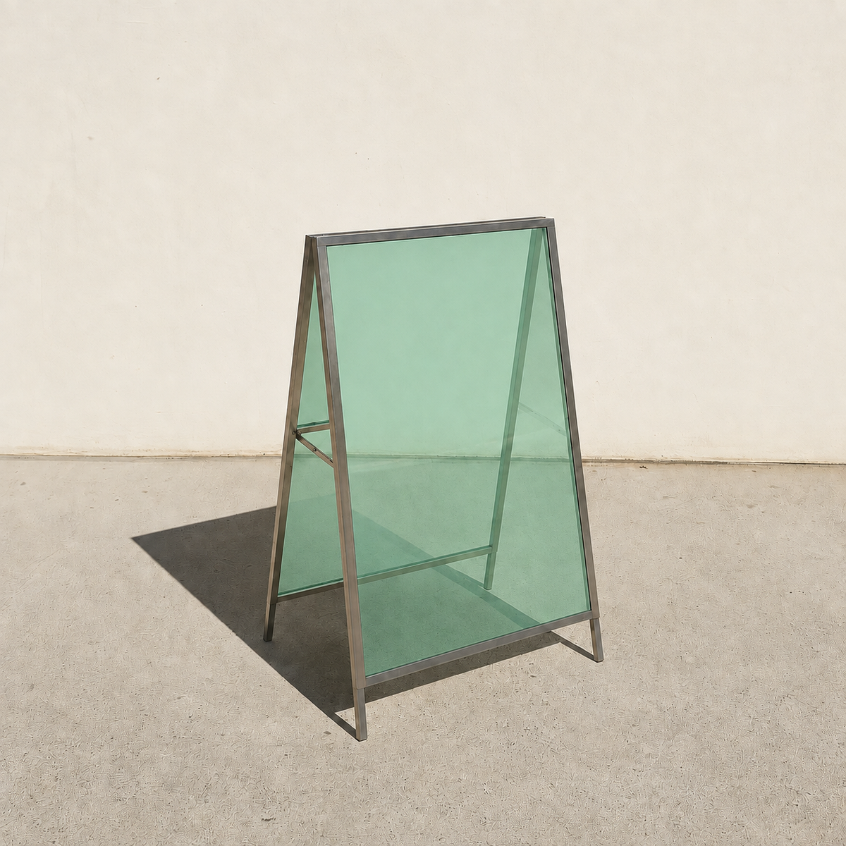 Interchangeable acrylic insert A-frame sign, brushed stainless steel frame, Light Green transparent panels