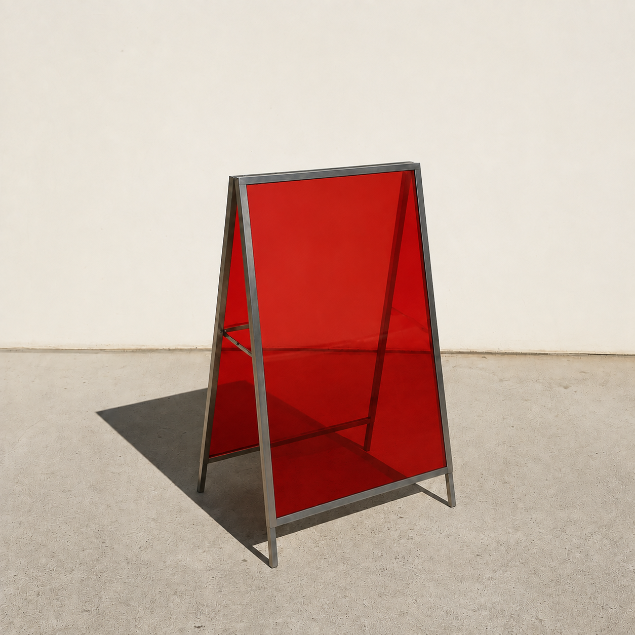 Interchangeable acrylic insert A-frame sign, brushed stainless steel frame, Red transparent panels