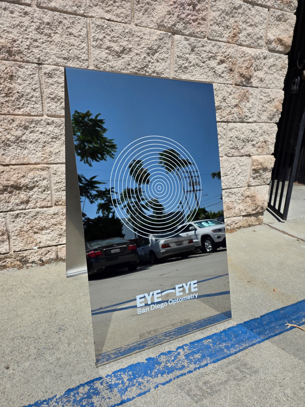 Mirrored Stainless Steel A-Frame Sidewalk Sign - Eye Eye San Diego