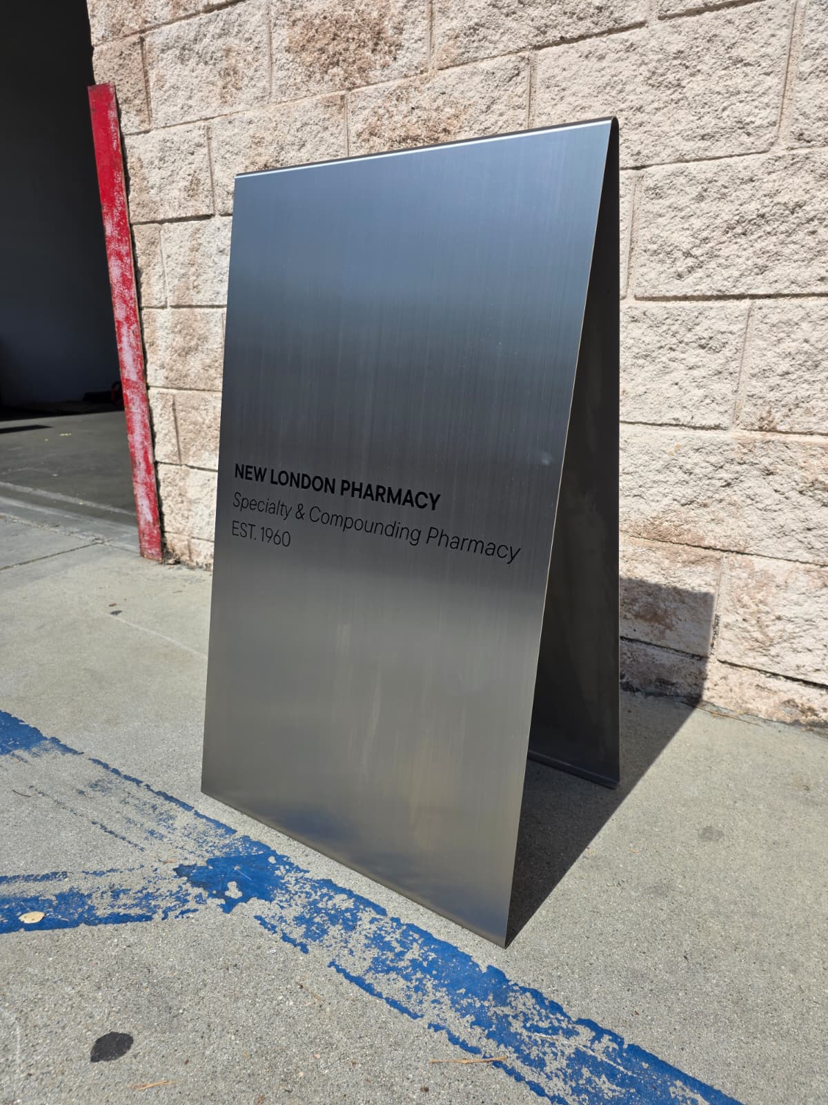 New London Pharmacy - Brushed Stainless Steel A-Frame Sidewalk Sign 1