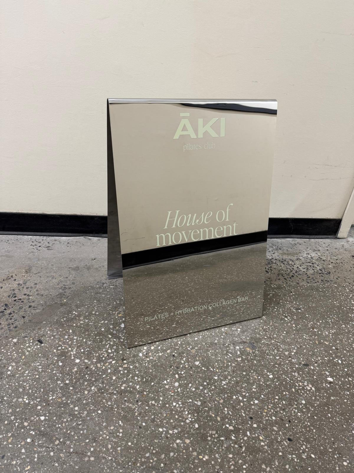 AKI Pilates Club - Mirrored Stainless Steel A-Frame Sidewalk Sign
