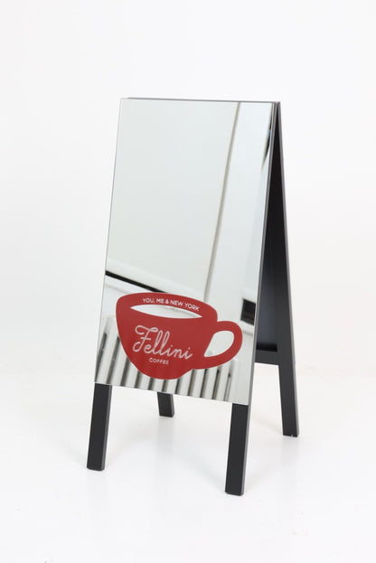 A-Frame Sidewalk Sign Mirrored Fellini Coffee Side White Backdrop