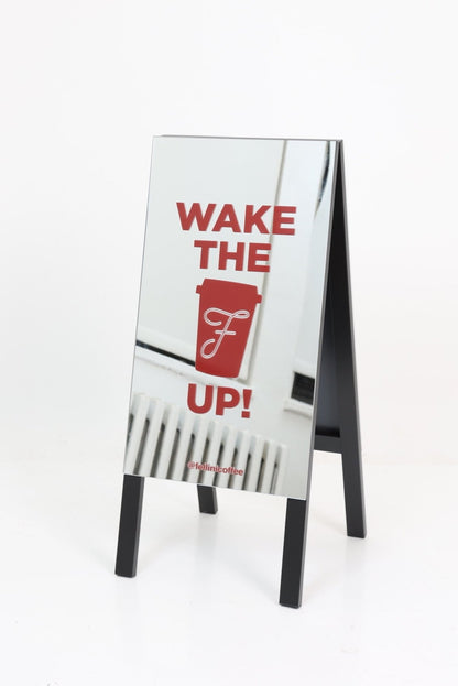 A-Frame Sidewalk Sign Mirrored Fellini Coffee White Backdrop