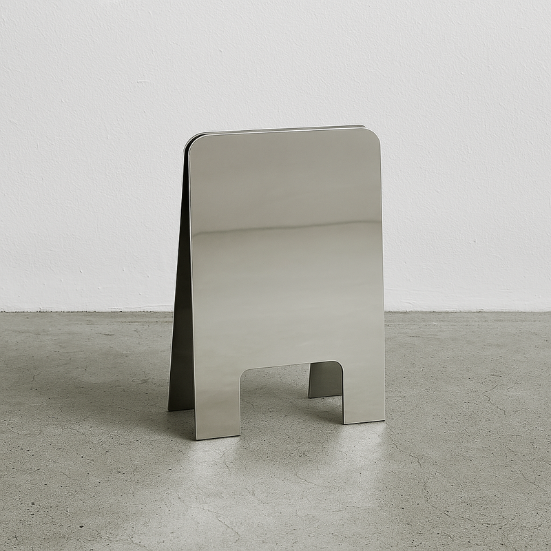 Rounded stainless steel A-frame sandwich board sign with curved edges