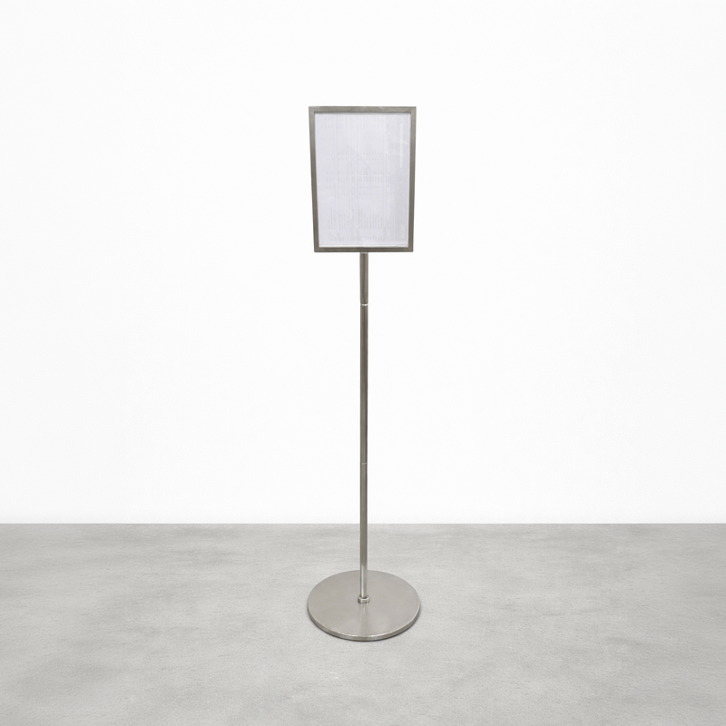 Professional stainless steel pole sign with menu holder. Brushed finish, weighted base, adjustable height.