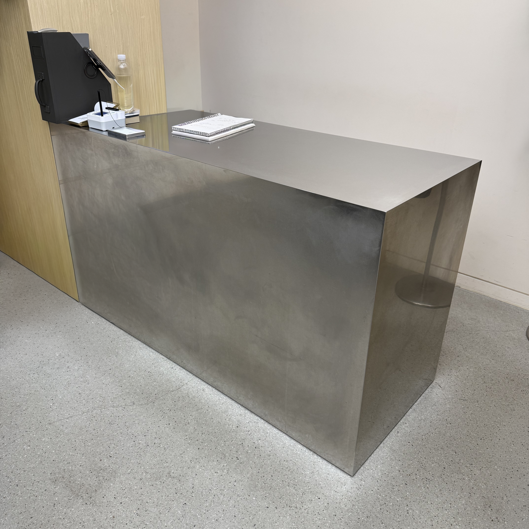 Front view of stainless steel desk, alternate view 3