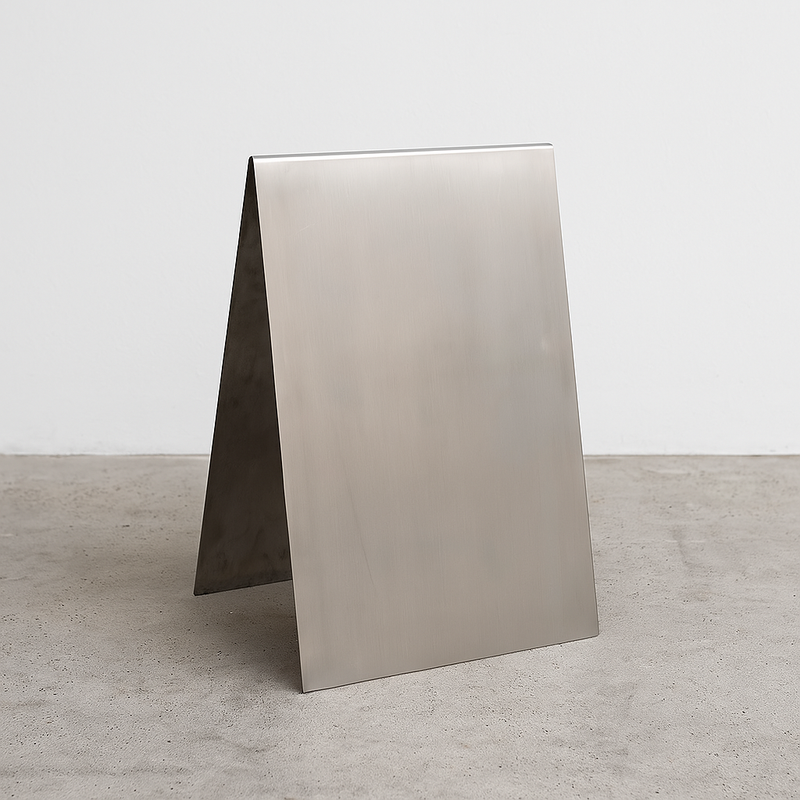 Brushed stainless steel A-frame sidewalk sign with modern finish