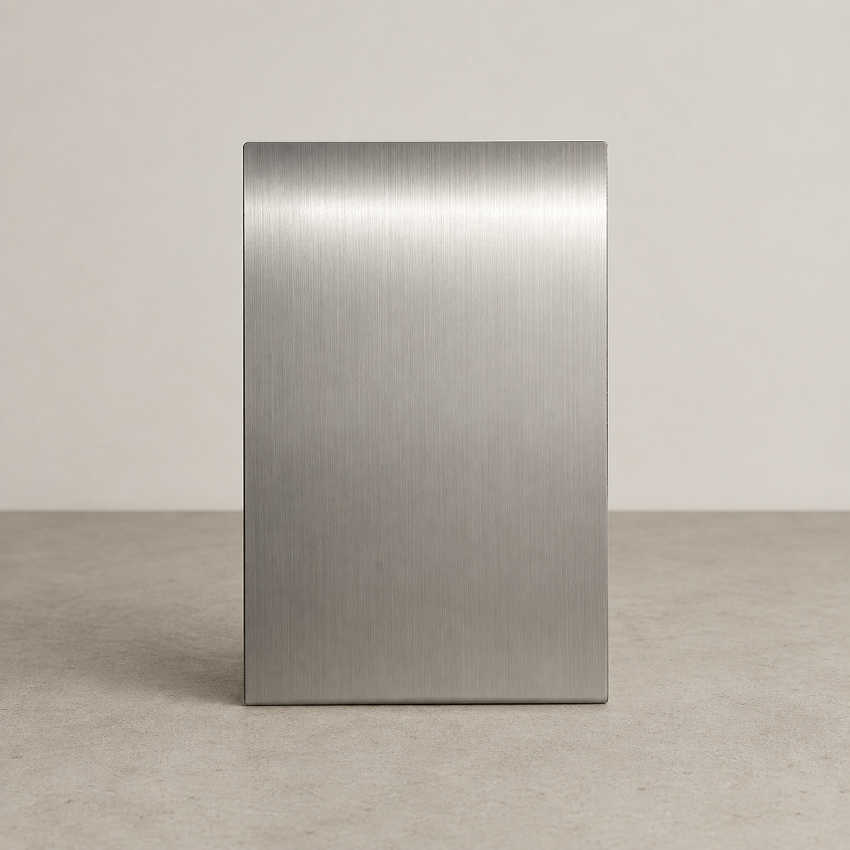 Front view of a blank brushed stainless steel tabletop stand.