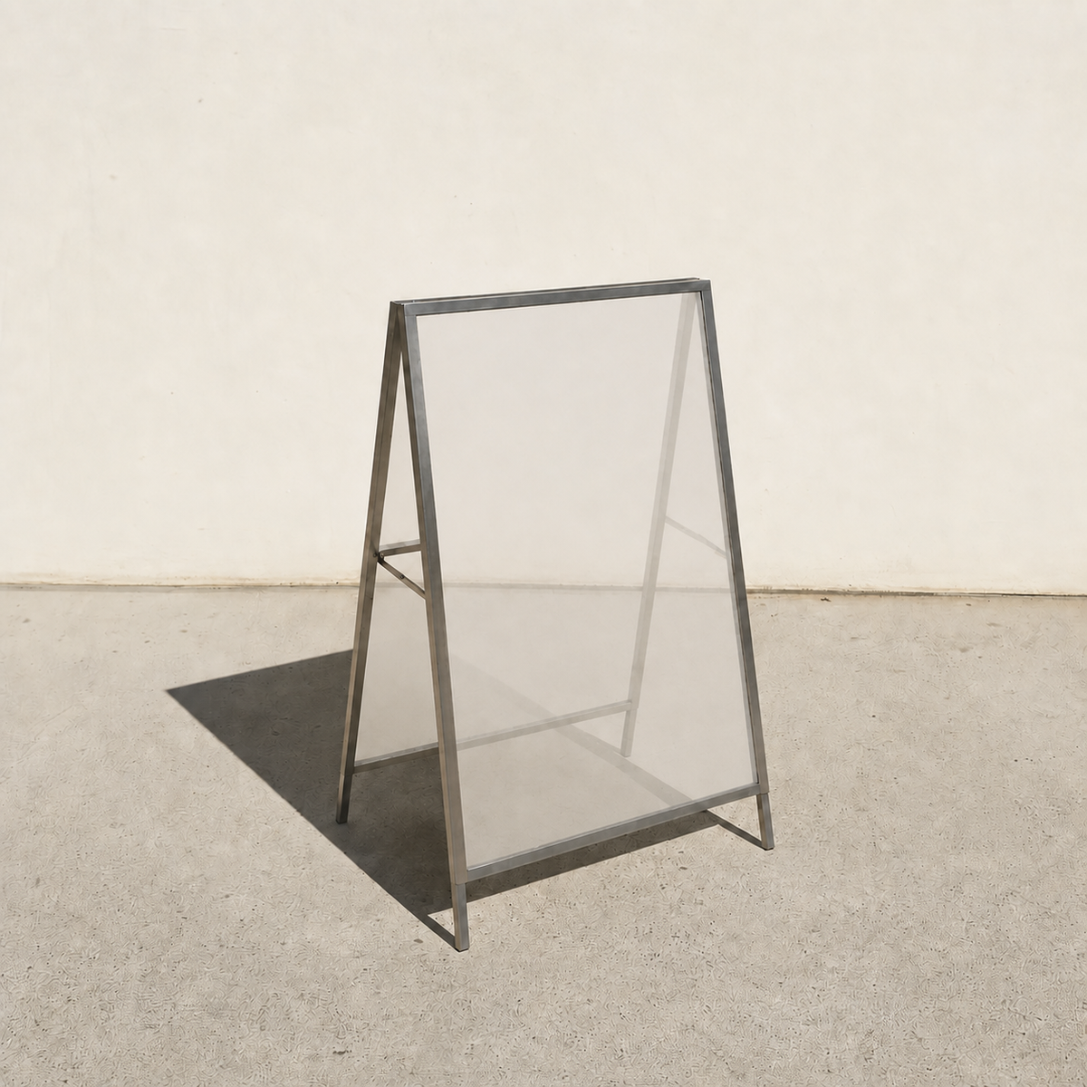 Interchangeable acrylic insert A-frame sign, brushed stainless steel frame, Clear Matte transparent panels