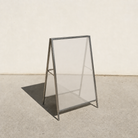 Interchangeable acrylic insert A-frame sign, brushed stainless steel frame, Clear Matte transparent panels