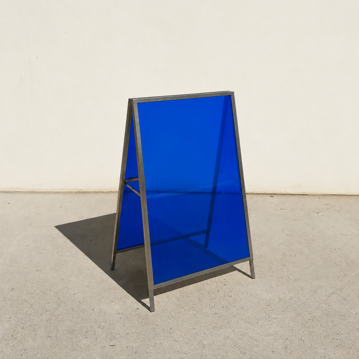 Interchangeable acrylic insert A-frame sign, brushed stainless steel frame, Dark Blue transparent panels