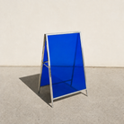 Interchangeable acrylic insert A-frame sign, mirrored frame, Dark Blue transparent panels