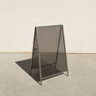 Interchangeable acrylic insert A-frame sign, brushed stainless steel frame, Gray Smoke transparent panels