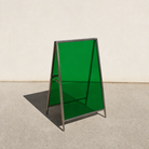 Interchangeable acrylic insert A-frame sign, brushed stainless steel frame, Green transparent panels