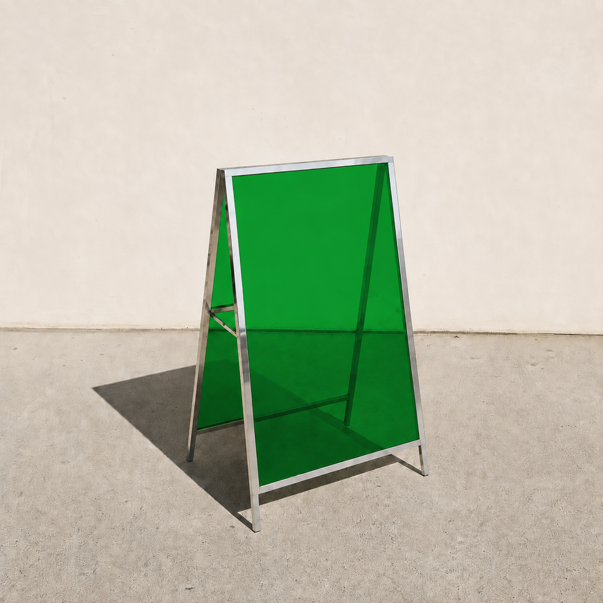 Interchangeable acrylic insert A-frame sign, mirrored frame, Green transparent panels