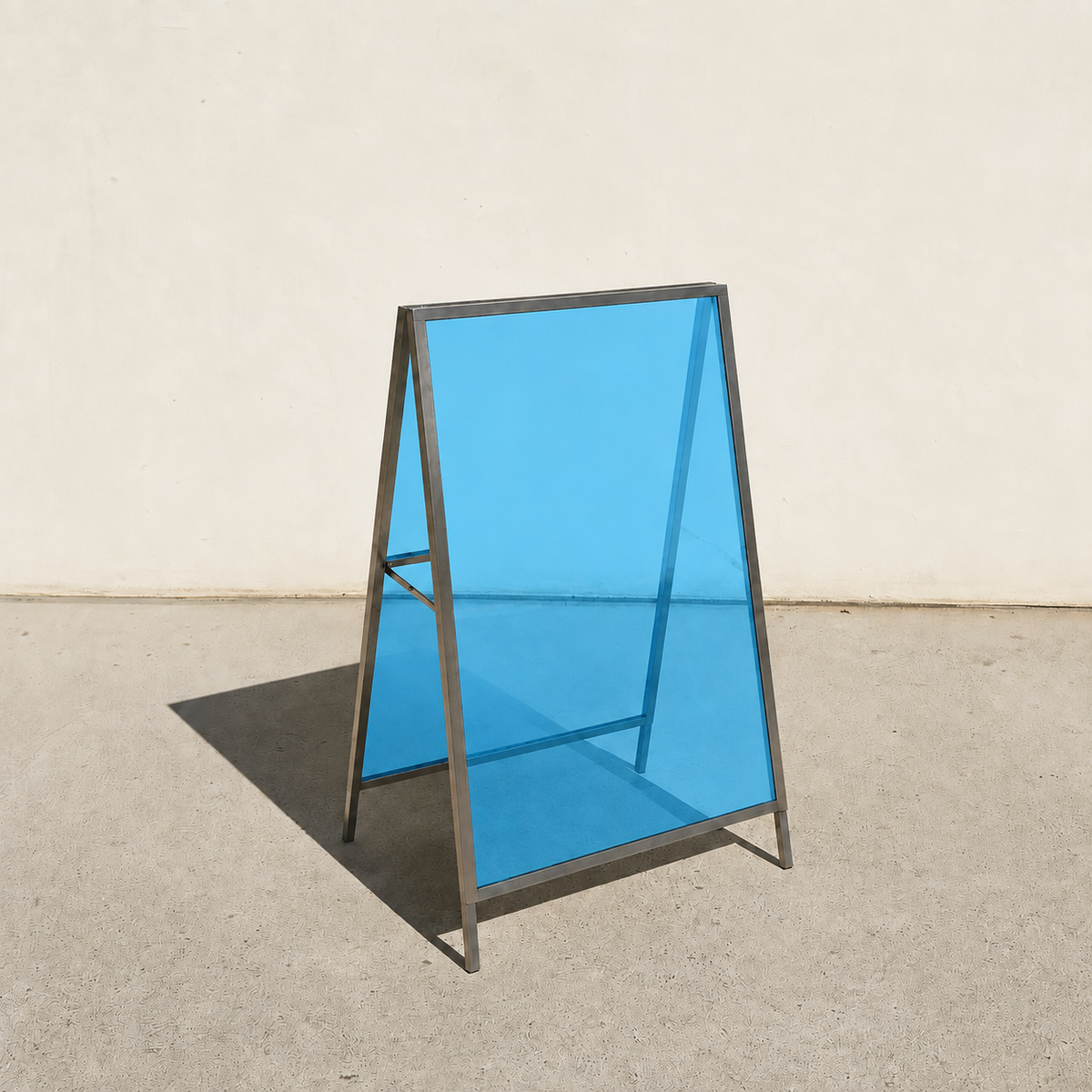 Interchangeable acrylic insert A-frame sign, brushed stainless steel frame, Light Blue transparent panels