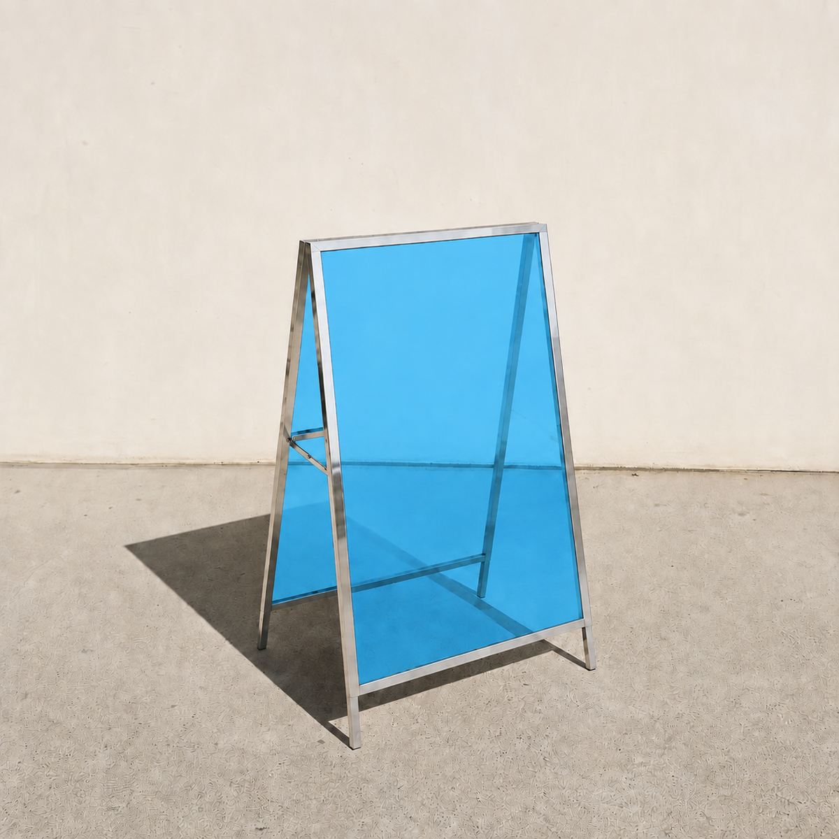Interchangeable acrylic insert A-frame sign, mirrored frame, Light Blue transparent panels