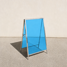 Interchangeable acrylic insert A-frame sign, mirrored frame, Light Blue transparent panels