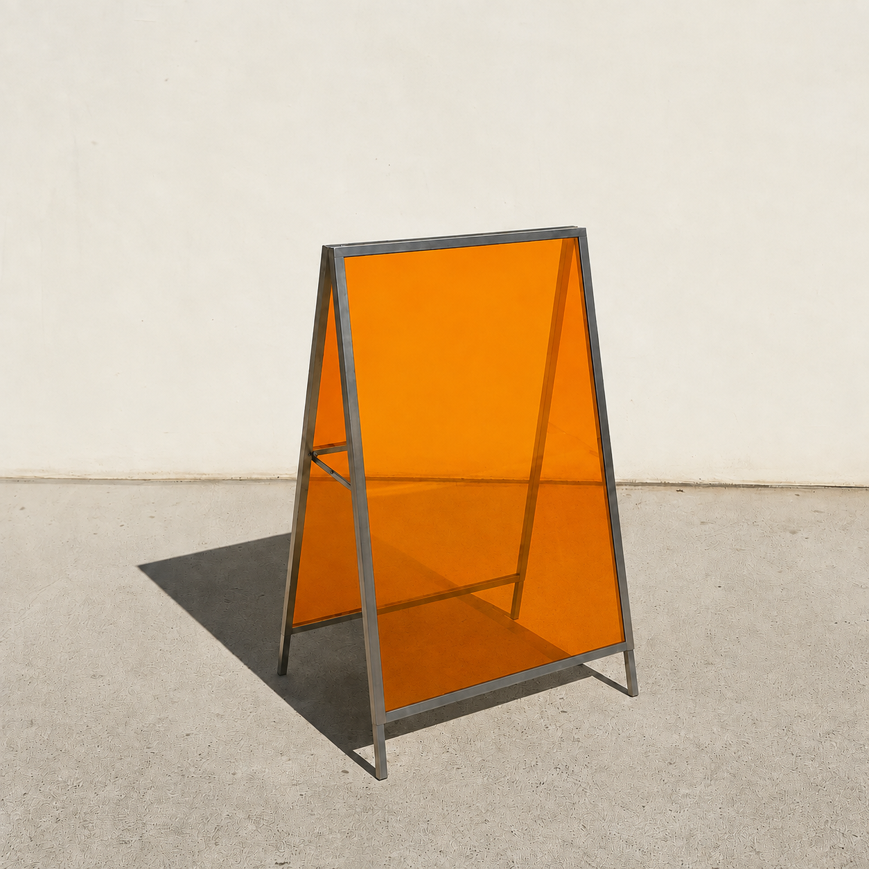 Interchangeable acrylic insert A-frame sign, brushed stainless steel frame, Orange transparent panels