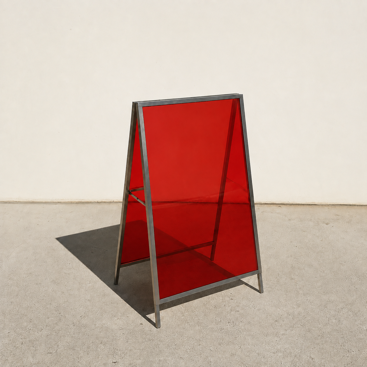Interchangeable acrylic insert A-frame sign, brushed stainless steel frame, Red transparent panels