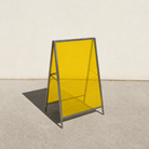 Interchangeable acrylic insert A-frame sign, brushed stainless steel frame, Yellow transparent panels